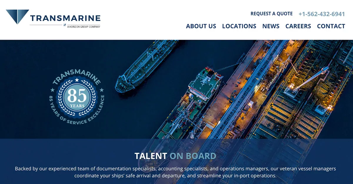 Screenshot of Transmarine's homepage.