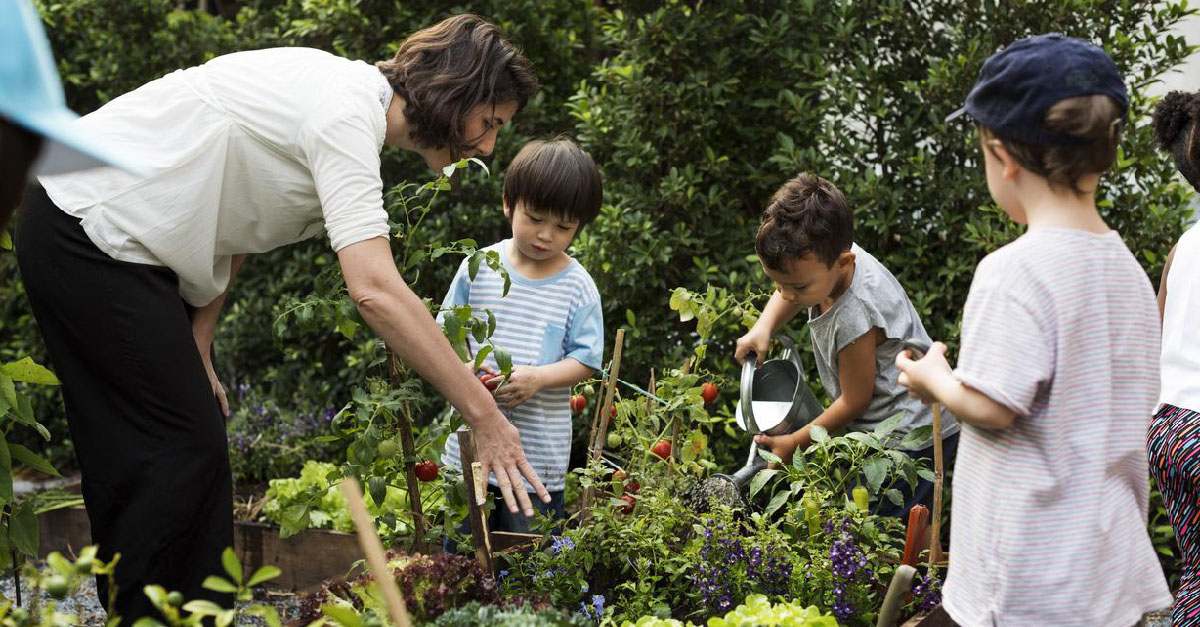 Woman showing kids how to harvest vegetables