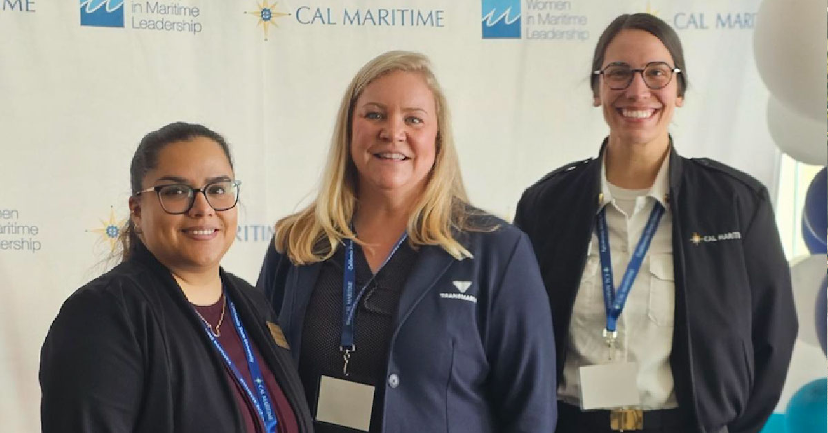 CMU Shipping Coordinator Jessica Sotuyo (Class of ’11); Transmarine Managing Director Leslie Clements; Suzanne Betts (Class of ’25)